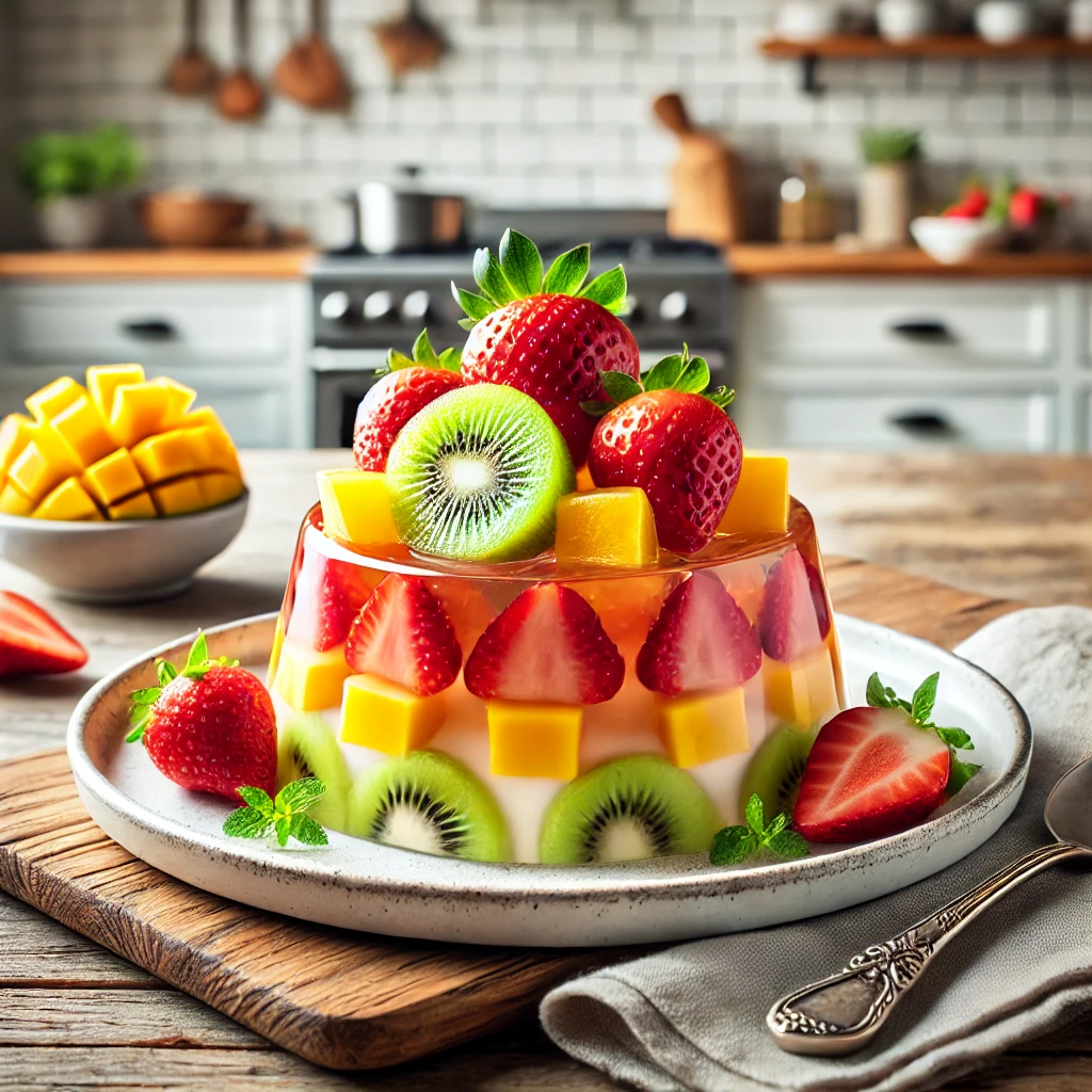 DALL·E 2024-12-10 11.19.52 - A dessert plate featuring a beautifully made gelatin topped with fresh fruits like strawberries, mango slices, and kiwi, all placed on a rustic wooden